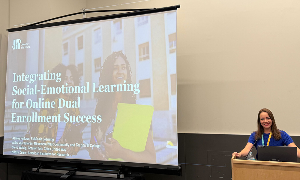 Minnesota West English Instructor Abby Vercauteren presented national research on social-emotional learning in online dual-enrollment courses, highlighting strategies that increase student engagement, belonging, and college readiness.